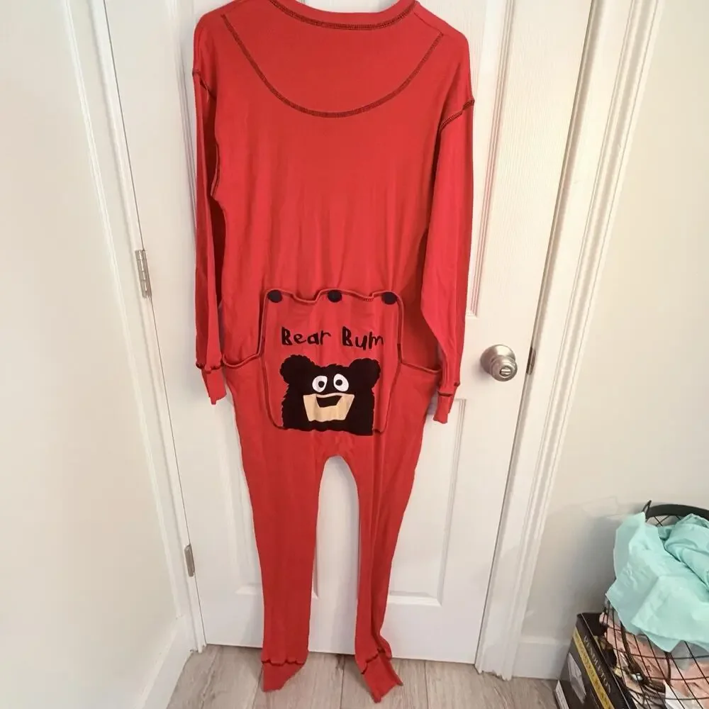 Lazy One Bear Bum Red Flapjack Long Johns One Piece Pajamas Size M Adult NWT